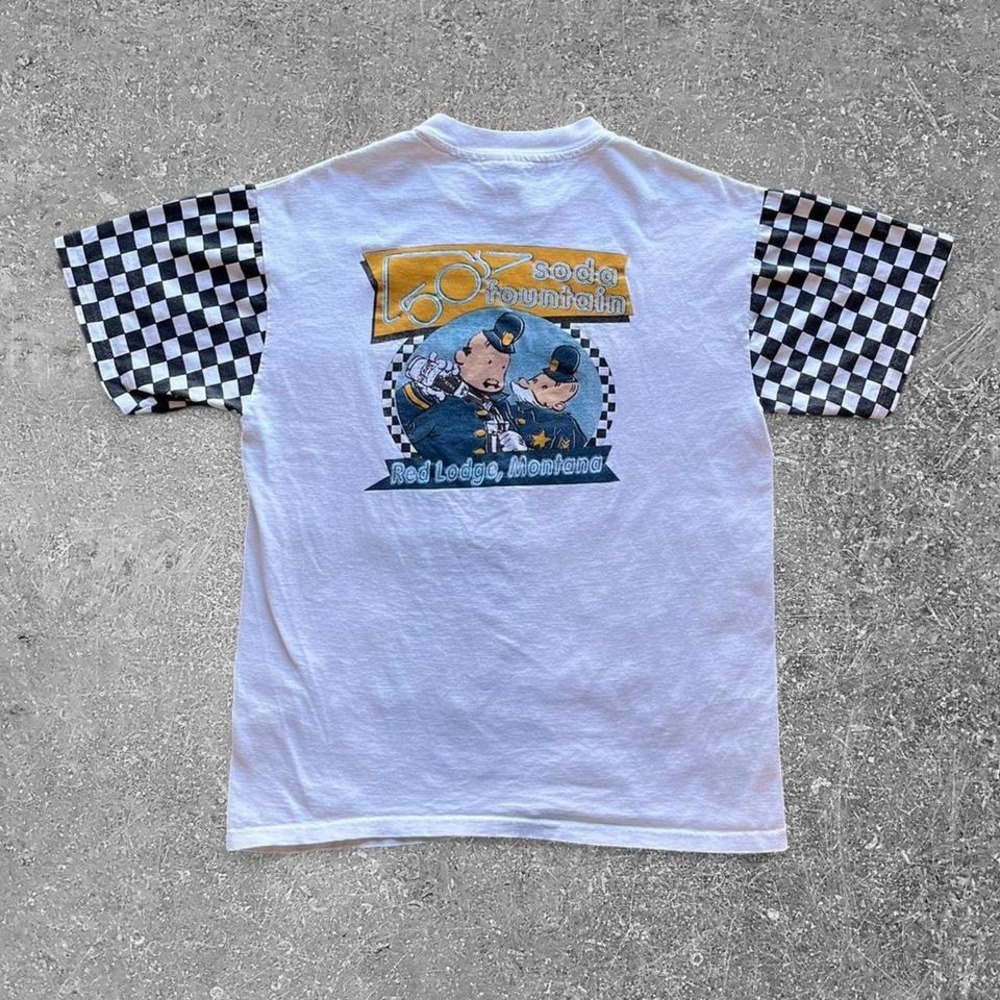 Vintage 90s Red Lodge Montana Soda Fountain Shirt Checkered Sleeve Single Stitch